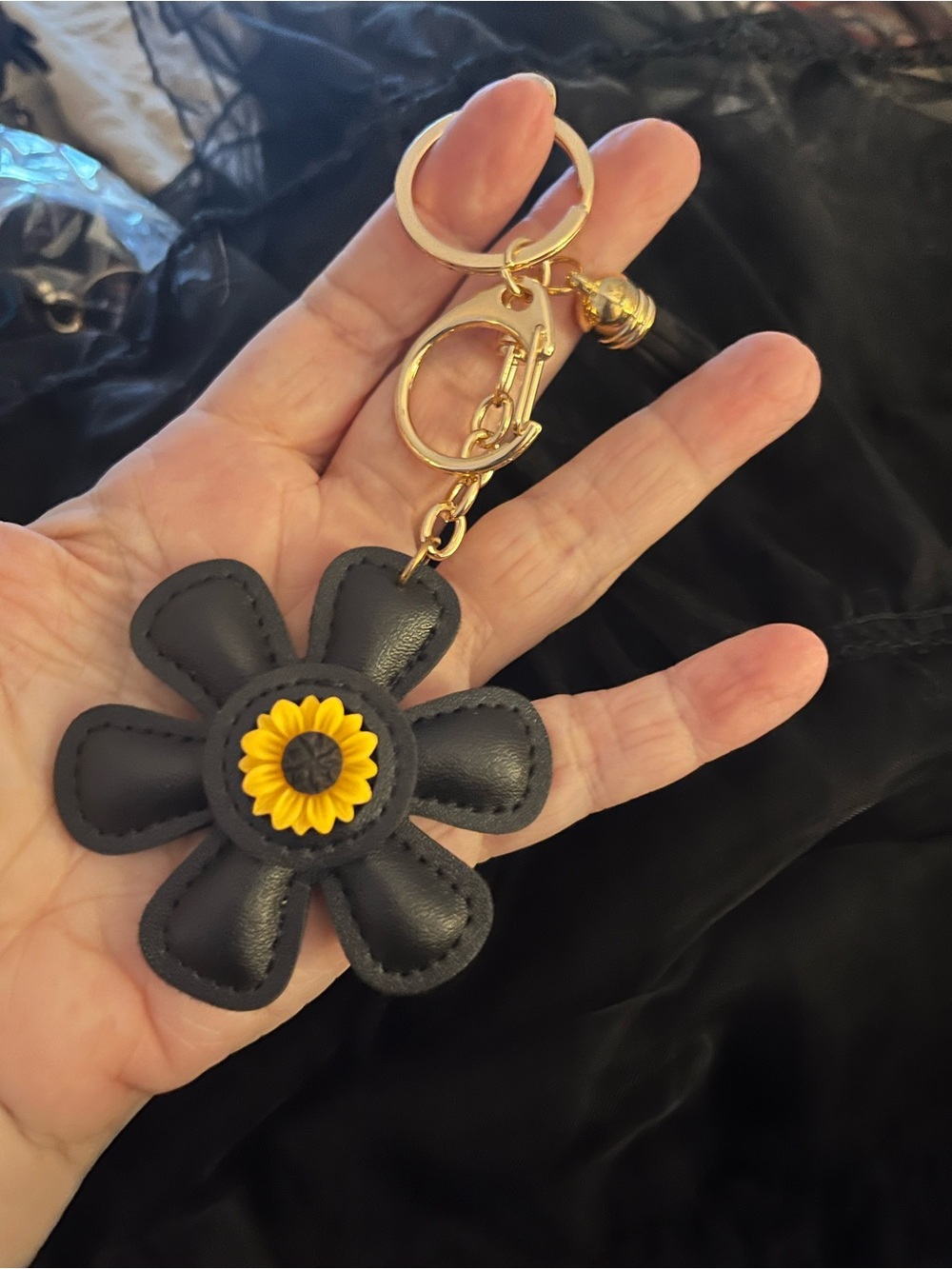 Black Flower Keychain/bag Charm with Yellow Sunflower Accent